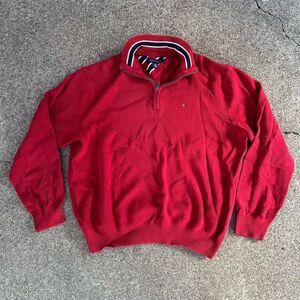 Vintage Tommy Hilfiger Men's 1/4 Zip Red Pullover Sweater Size L